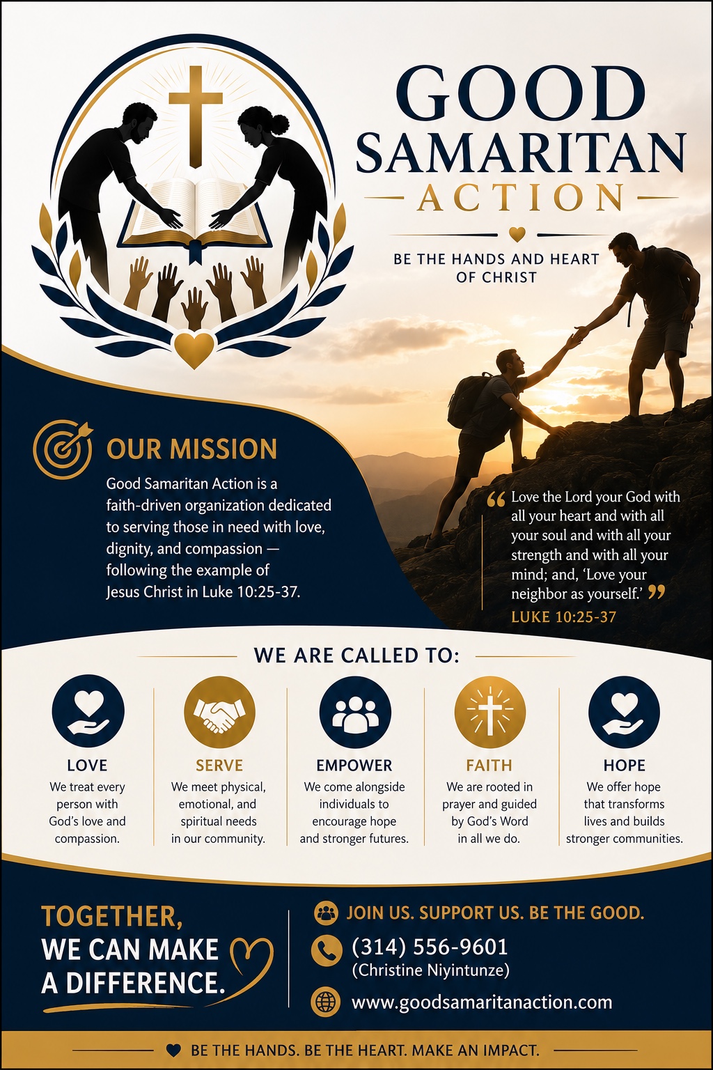 Good Samaritan Action mission poster showing a hand reaching down to lift another person on a mountain